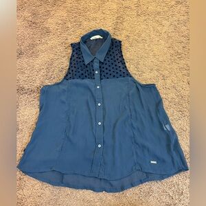 Hollister Blouse Navy Blue Sleeveless Collared Button Down Top Blouse Sheer XS